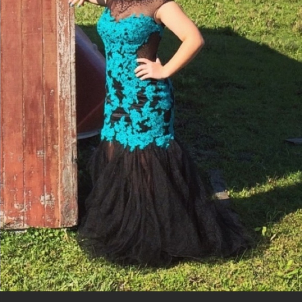 Teal and black prom dress with tool skirt
